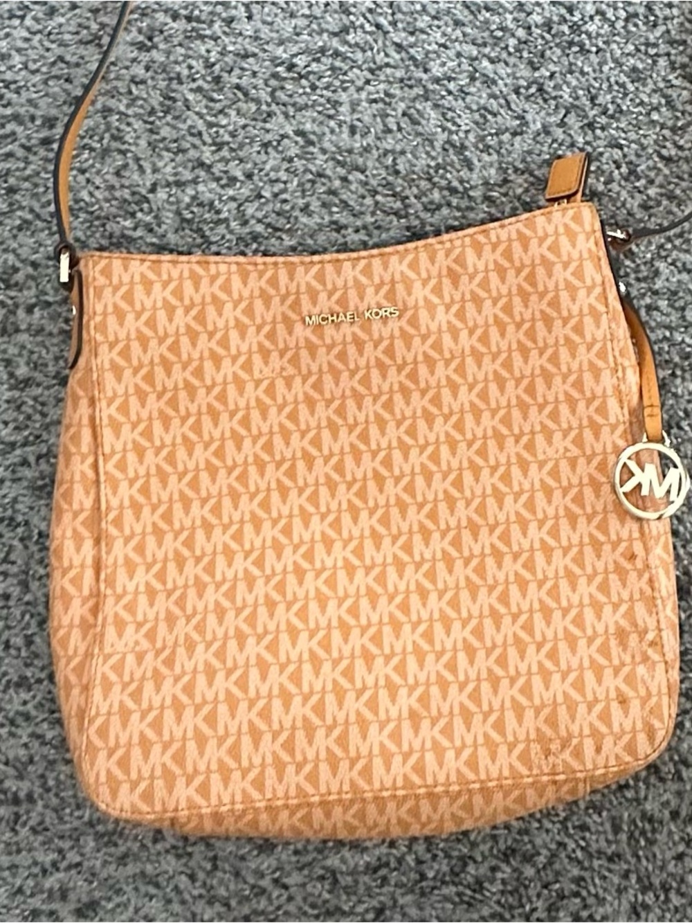 Michael Kors Jet Set Signature MK PVC Crossbody Bag Acorn Brown Gold Hardware